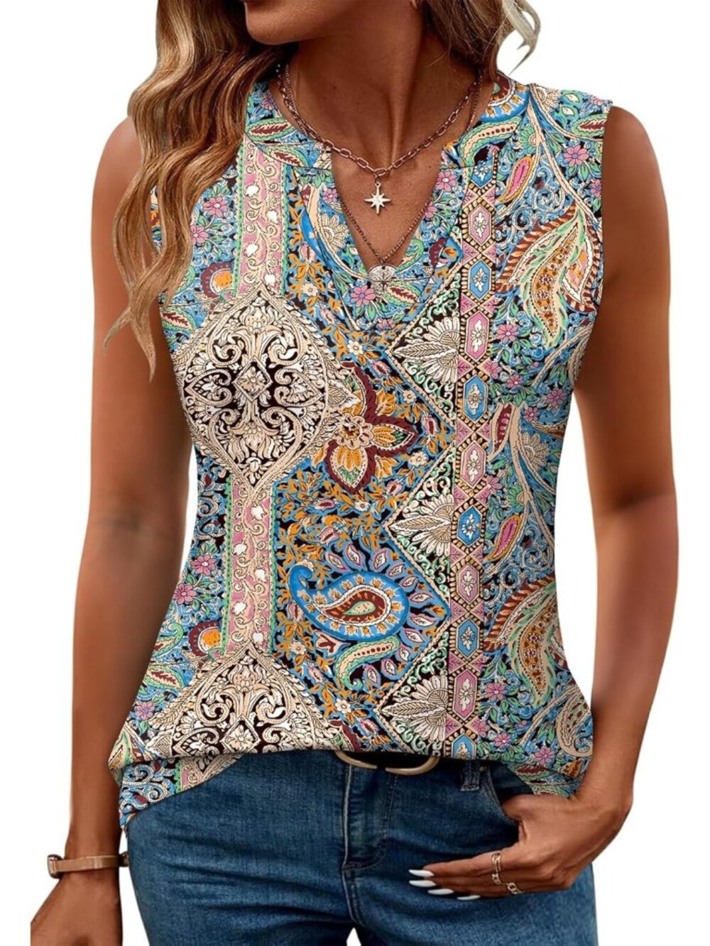 Women's Green Paisley Sleeveless V Neck Shirt Blouses Tunic Imported Tank Tops